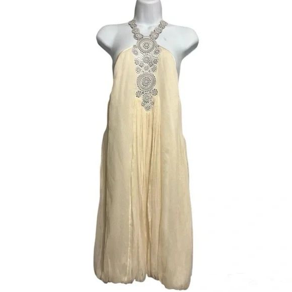 Catherine Malandrino Silk Halter Dress | Beaded Detail | Elegant Cream Maxi - Picture 1 of 9